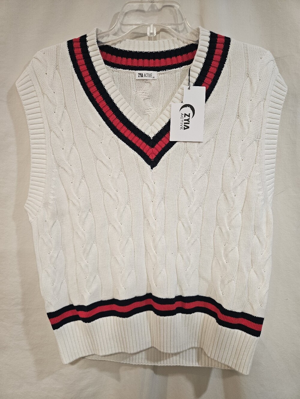 ZYIA White Cable Knit V-Neck Sweater Vest with Pink & Black Stripes